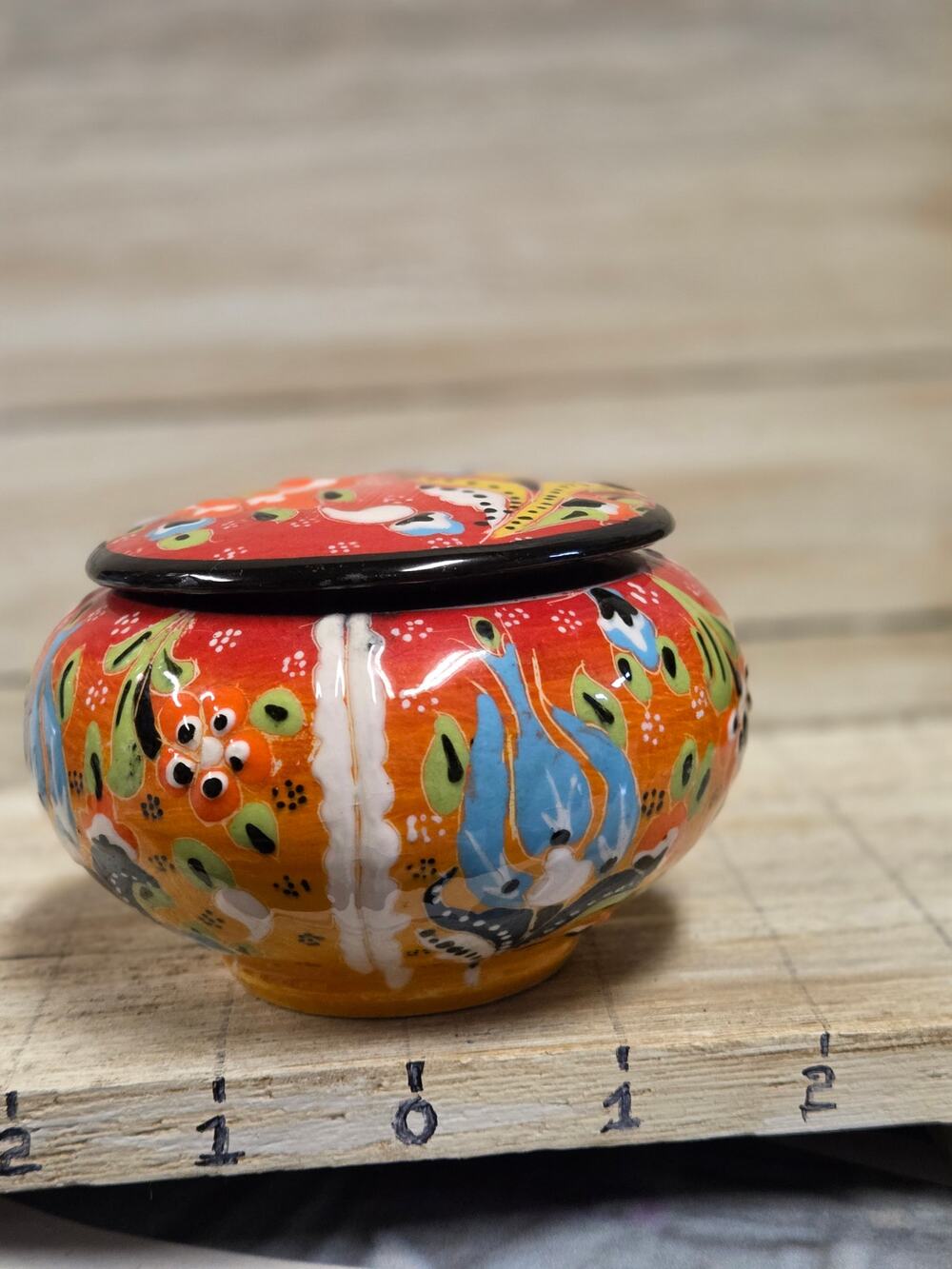 Folk Art Trinket Box Hand Painted Pottery Lidded Ceramic Floral Jar 4"